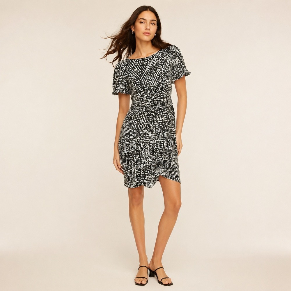 DKNY‎ Womens Side Ruched Sheath Dress 6 Professional Tweed Print Black White